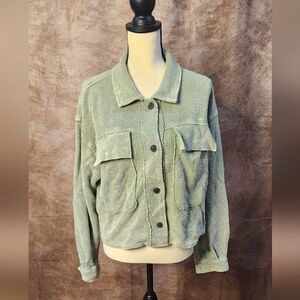 Sage Green Textured Shacket Jacket – Button Front Utility Style – Size S